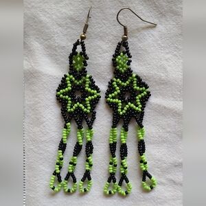 Handmade Huichol Black and Green Beaded Earrings